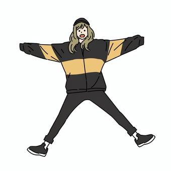 大の字でジャンプするカジュアル服の女性 大の字でジャンプするカジュアル服の女性 女性,全身,笑顔,大の字,ジャンプ,ポーズ,ジェスチャー,カジュアル,私服,キャップのイラスト素材