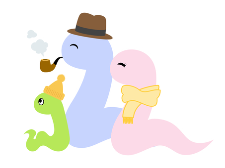 親子へび へび,親子,家族,パイプ,たばこ,帽子,マフラー,かわいい,ワンポイント,イラストのイラスト素材