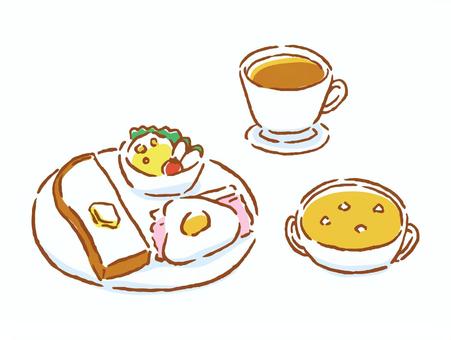 モーニングセットメニュー 朝食,モーニング,洋食,トースト,サラダ,卵,ハム,スープ,コーンスープ,コーヒーのイラスト素材