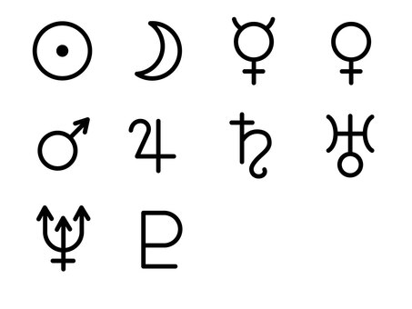 10天体の惑星記号・占星術シンボルセット 西洋占星術,ホロスコープ,10天体,惑星,記号,シンボル,マーク,太陽,月,水星のイラスト素材