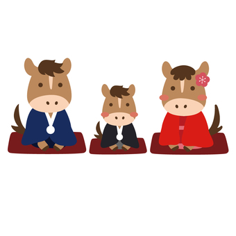 正月の挨拶をする馬の家族のイラスト 年賀状,午年,かわいい,馬,着物,挨拶,親子,男,女,オスのイラスト素材