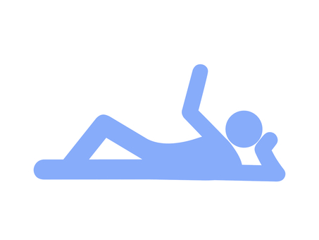 肘を突き寝転び手を振る人のイラスト（水色 人,人物,全身,ピクトグラム,寝る,寝転ぶ,リラックス,休息,休む,休憩のイラスト素材