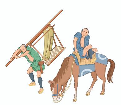 かご屋とうま屋仕事おわり　浮世絵北斎 馬,江戸時代,北斎,籠屋,浮世絵,午,人,茶色,運ぶ,動物のイラスト素材