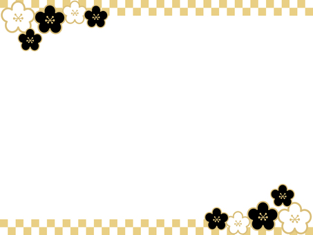 格子柄　梅の花　フレーム　白×ゴールド フレーム,枠,背景,和柄,格子柄,梅の花,梅,正月,年賀状,シックのイラスト素材