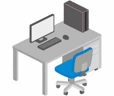 デスクとパソコン デスク,オフィス,オフィス家具,事務用品,事務机,チェア,パソコン,pc,デスクトップパソコン,キーボードのイラスト素材