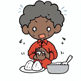 おにぎりを握る焦るアフロ男性 アフロ,おにぎり,握る,焦る,やばい,慌てる,苦手,おむすび,家事,お弁当のイラスト素材