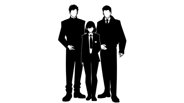 人物シルエット挿絵集_2 キャラ,キャラクター,三人,三人組,立ち絵,シルエット,モノクロ,男性,女性,スーツのイラスト素材