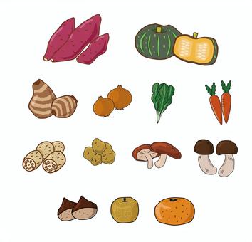 秋野菜詰め合わせ 秋,秋野菜,旬,根菜類,食物繊維,煮物,和食,食材,さつまいも,かぼちゃのイラスト素材