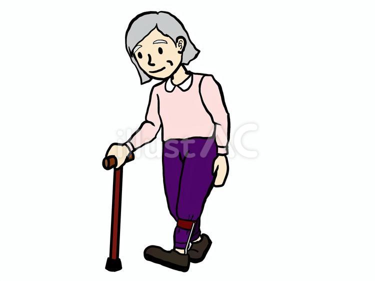 短下肢装具を付けて杖歩行するおばあさん 短下肢装具,杖,歩行のイラスト素材