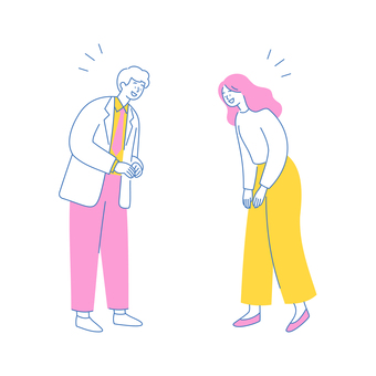 お辞儀をするビジネス男女のイラスト 人物,ビジネス,男性,女性,挨拶,お辞儀,礼儀,感謝,敬意,コミュニケーションのイラスト素材