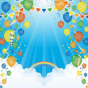 紙吹雪57 紙吹雪,リボン,風船,旗,虹,雲,空,背景,飾り,パーティーのイラスト素材