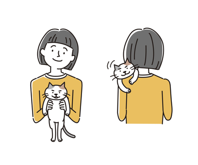猫と女性_02 猫,女性,ペット,笑顔,抱っこ,後ろ姿,肩に乗る,線画,かわいい,シンプルのイラスト素材