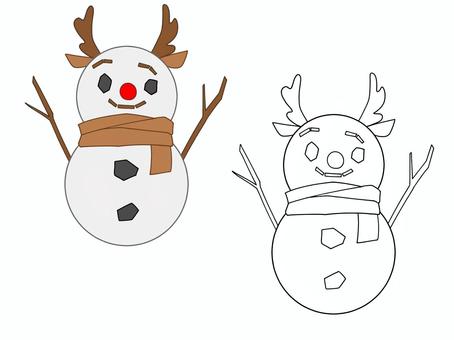雪だるま　トナカイver. 雪だるま,枝,石,笑顔,マフラー,トナカイ,角,耳,赤鼻,シンプルのイラスト素材
