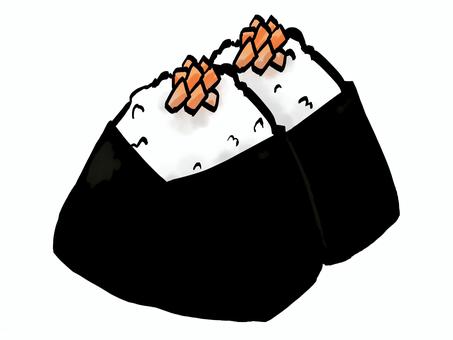 鮭おにぎりのイラスト （海苔・筆タッチ） 鮭おにぎり,おにぎり,おむすび,鮭,白米,海苔,筆,握り飯,主食,和食のイラスト素材
