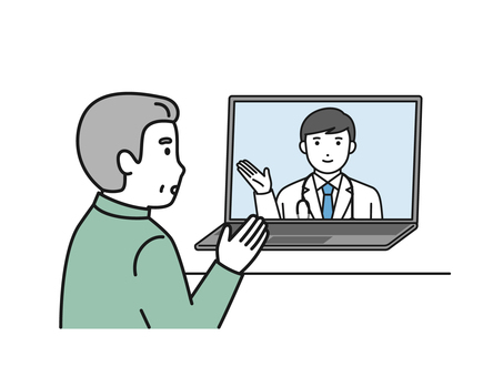 オンライン診療　シニア オンライン診療,診察,カウンセリング,シニア,男性,医師,白衣,パソコン,医療,リモートのイラスト素材