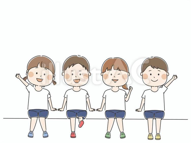 体操着を着て座っている女の子と男の子  子供,体育,体操服のイラスト素材