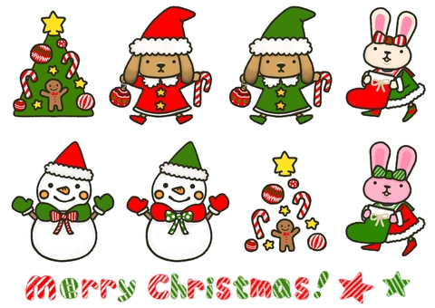 クリスマスの準備をする動物たち 犬,動物,かわいい,クリスマス,ツリー,星,うさぎ,雪だるま,飾り,メリーのイラスト素材