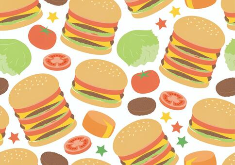 かわいいハンバーガー-壁紙-1 ジャンクフード,料理,軽食,洋食,ハンバーガー,バンズ,パテ,トマト,スライストマト,レタスのイラスト素材