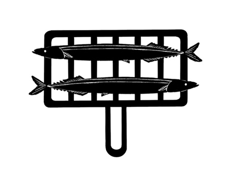 焼き網で秋刀魚を焼くシルエット調イラスト 秋刀魚,焼く,焼き網,サンマ,白黒,モノクロ,黒,シルエット調,魚,手書きのイラスト素材