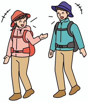 楽しい登山　塗＋線 登山,ハイキング,話す,楽しい,会話,アウトドア,熊,動物,人,全身のイラスト素材