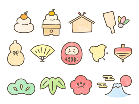 お正月 手描き 水彩カラー お正月,正月,年賀状,１月,水彩,手描き,富士山,日の出,だるま,ダルマのイラスト素材