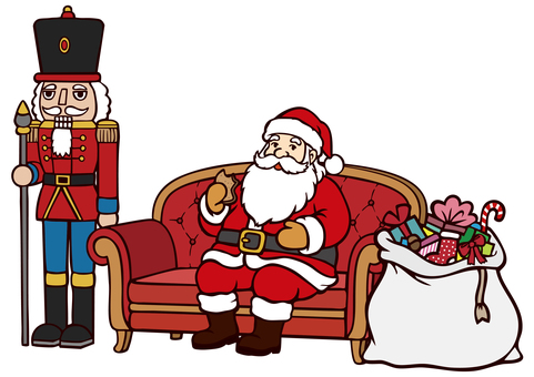 クッキーを食べるサンタクロース サンタクロース,サンタ,ソファ,クッキー,くるみ割り人形,兵隊,クリスマス,プレゼント,12月,冬のイラスト素材