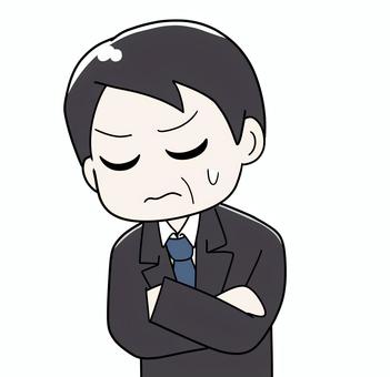 腕を組んで悩む中年サラリーマン_02 悩む,悶々,ストレス,不安,ビジネスマン,分からない,どうして,うーん,どうしよう,手描きのイラスト素材