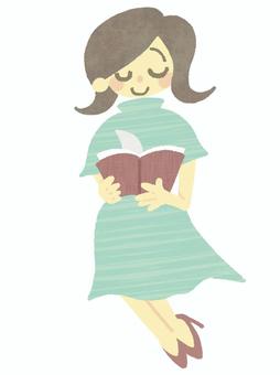 座って本を読む女性 読書,本,小説,読む,女性,座る,ページ,めくる,ワンピース,手描きのイラスト素材