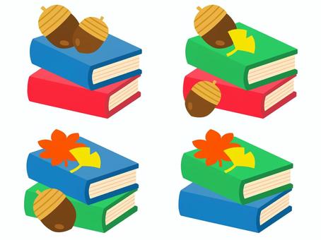 本とどんぐりと紅葉(主線なし) 本,どんぐり,紅葉,もみじ,イチョウ,セット,アイコン,イラスト,かわいい,秋のイラスト素材