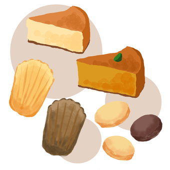 スイーツと焼菓子のイラスト お菓子,スイーツ,カフェ,デザート,チーズケーキ,マドレーヌ,クッキー,かぼちゃ,おやつ,おうちカフェのイラスト素材