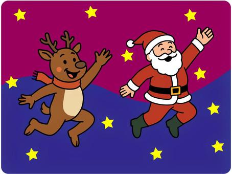 夜を駆けるサンタクロースとトナカイ サンタクロース,トナカイ,クリスマス,イブ,喜び,笑顔,深夜,夜空,星,煌めきのイラスト素材