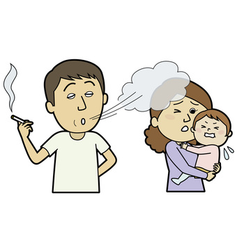 タバコを吸う男性と煙たがる親子_輪郭あり 日本人,男性,女性,子ども,タバコ,ニコチン,親子,母,子,スモーカーのイラスト素材