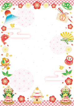 お正月おめでたい柄の年賀状フレーム（縦） 年賀状,お正月,梅,花,和,キラキラ,かわいい,フレーム,背景,カードのイラスト素材