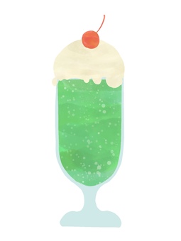 水彩風のメロンクリームソーダ メロンソーダ,クリームソーダ,ソーダフロート,アイスクリーム,さくらんぼ,飲み物,喫茶店,カフェ,涼しい,炭酸のイラスト素材