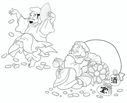 江戸時代　大黒様恵比寿様　線画 江戸時代,福の神,大黒,恵比寿,大判小判,宝,米,酒,扇子,打出の小槌のイラスト素材