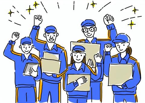 笑顔でガッツポーズする宅配スタッフ 運送業,配達員,配送,物流,引越し,集荷,笑顔,ガッツポーズ,チームワーク,元気のイラスト素材