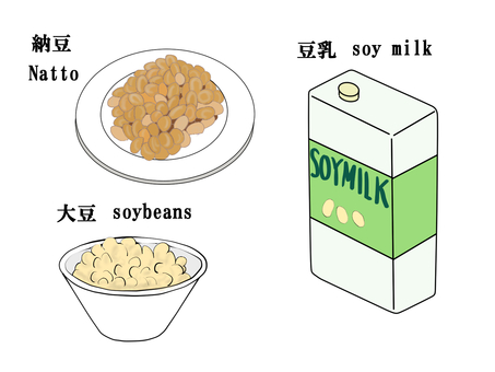 大豆製品　セット素材 大豆,納豆,豆乳,パック,お皿のイラスト素材