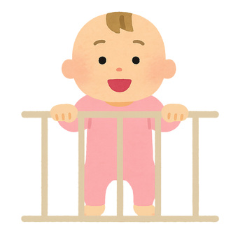 つかまり立ち赤ちゃん（ピンク） 赤ちゃん,つかまり立ち,笑顔,ピンク,ロンパースのイラスト素材