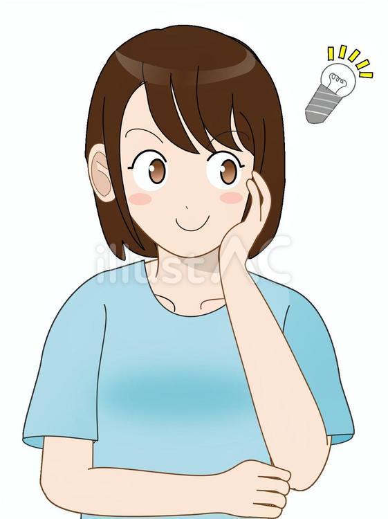 頬杖（笑顔・ひらめき） 女性,私服,半袖のイラスト素材