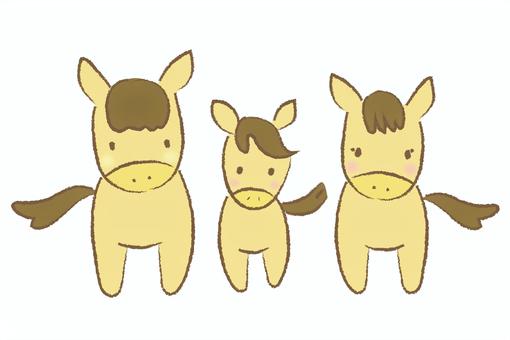 年賀状素材「午／馬」正面を向く馬の家族 午,馬,うま,親子,家族,年賀状素材,年賀,正月,元旦,ハガキのイラスト素材