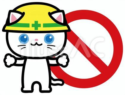 ヘルメットをかぶった白猫 立入禁止