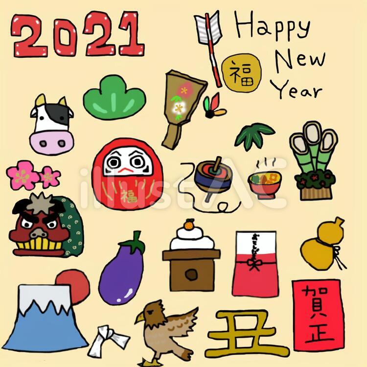 お正月　2021　牛　 お正月,年賀状,2021のイラスト素材