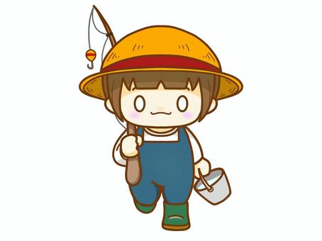 釣りに行こう 釣り,竿,女の子,麦わら帽子,バケツ,魚釣り,可愛い,イラストのイラスト素材