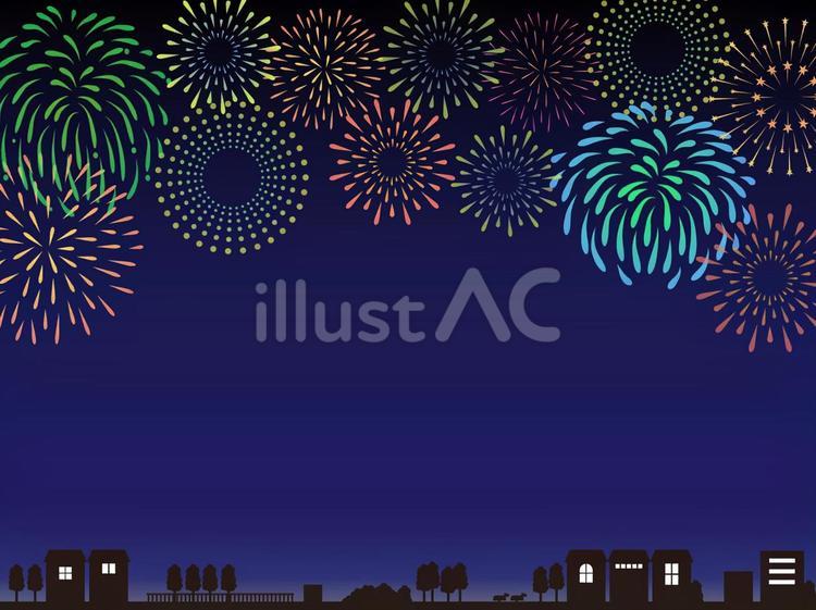夏の背景　花火と夜の街のフレーム　12 花火,花火大会,打ち上げ花火のイラスト素材