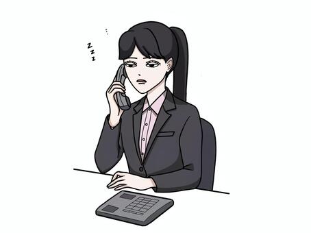 眠気に耐えながら電話応対する女性社員 電話,眠気,眠い,耐える,スーツ,女性,ビジネス,電話対応,応対,寝不足のイラスト素材