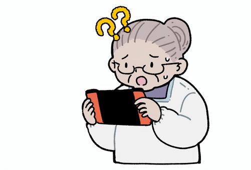 ゲームが出来ないおばあちゃん おばあちゃん,お年寄り,老人,ゲーム,携帯型,難しい,微笑ましい,遊ぶ,楽しい,かわいいのイラスト素材
