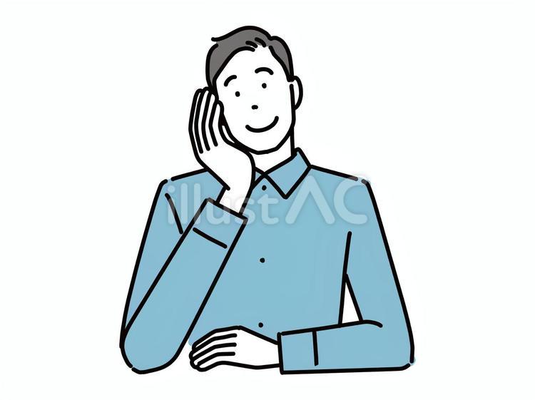 頬杖をついて笑顔で何か考える男性 男性,考える,楽しいのイラスト素材