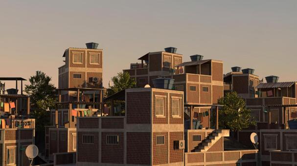 夕方の迷路の街 街,路地,屋根,階段,斜面,建物,窓,壁,洗濯物,空のイラスト素材