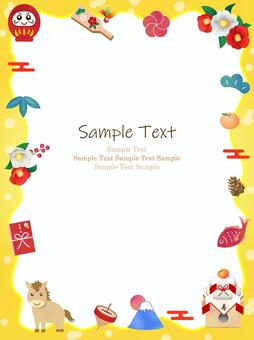 お正月の背景、フレーム06 お正月,フレーム,水彩,背景,正月,枠,飾り枠,手描き,椿,午のイラスト素材