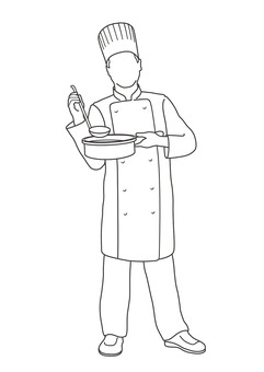 鍋を持ったシェフのベクター線画イラスト シェフ,コック,人物,仕事,料理,グルメ,職種,料理人,料理長,調理のイラスト素材